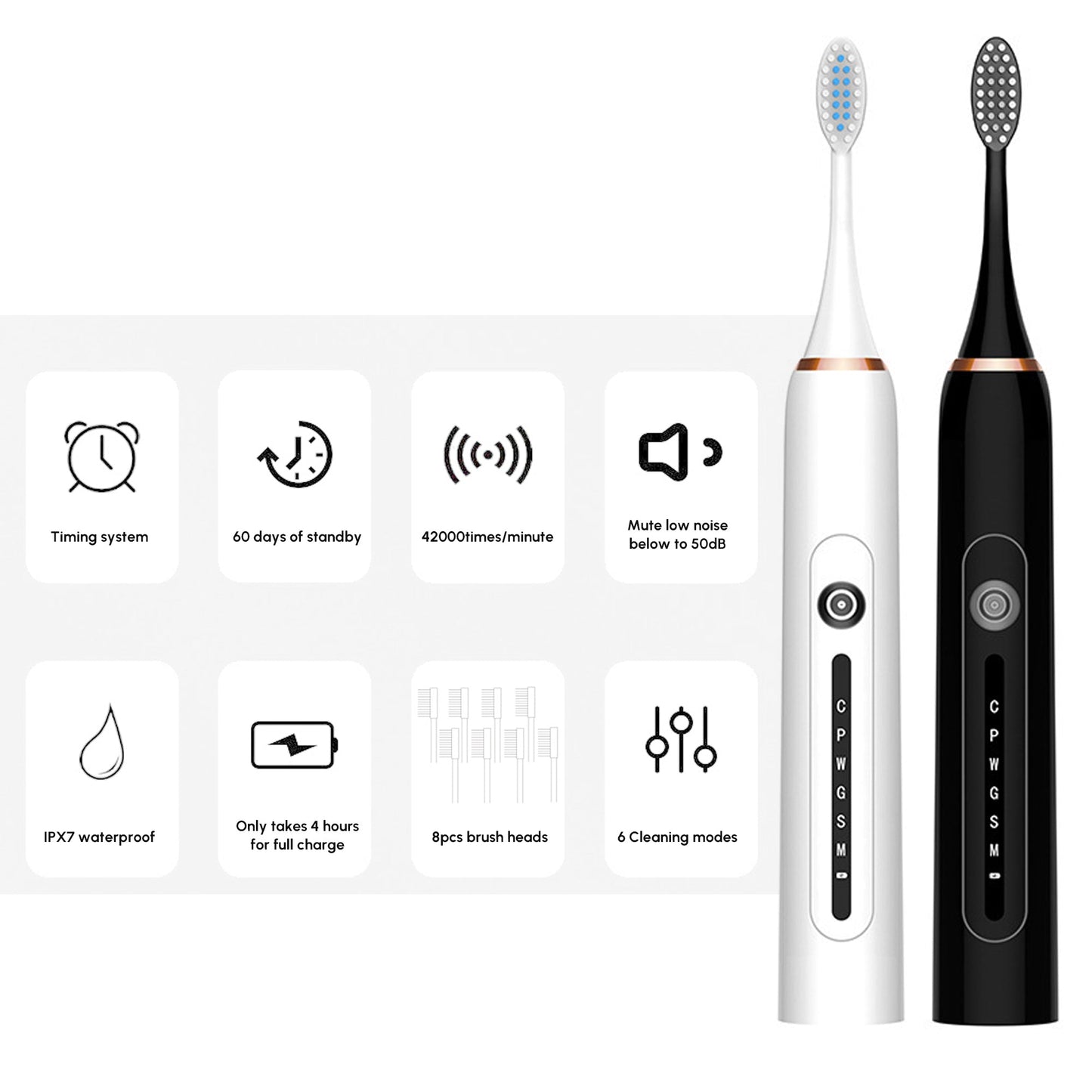 Sonic Toothbrush for Adults with 6 Modes and 8 Replacement Toothbrush Heads / 42000 rpm