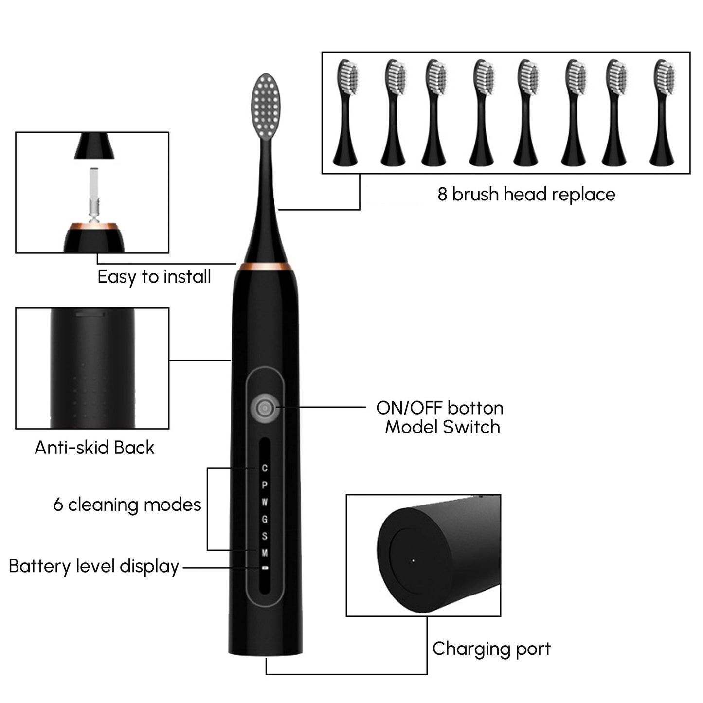 Sonic Toothbrush for Adults with 6 Modes and 8 Replacement Toothbrush Heads / 42000 rpm