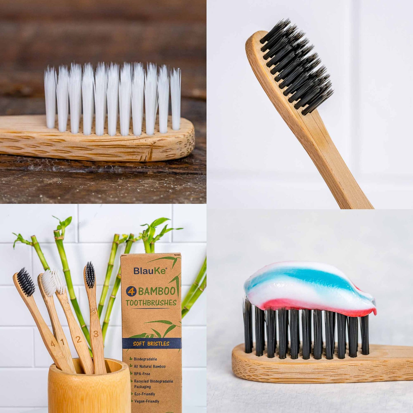 Bamboo Toothbrush Set 4-Pack - Bamboo Toothbrushes with Soft Bristles