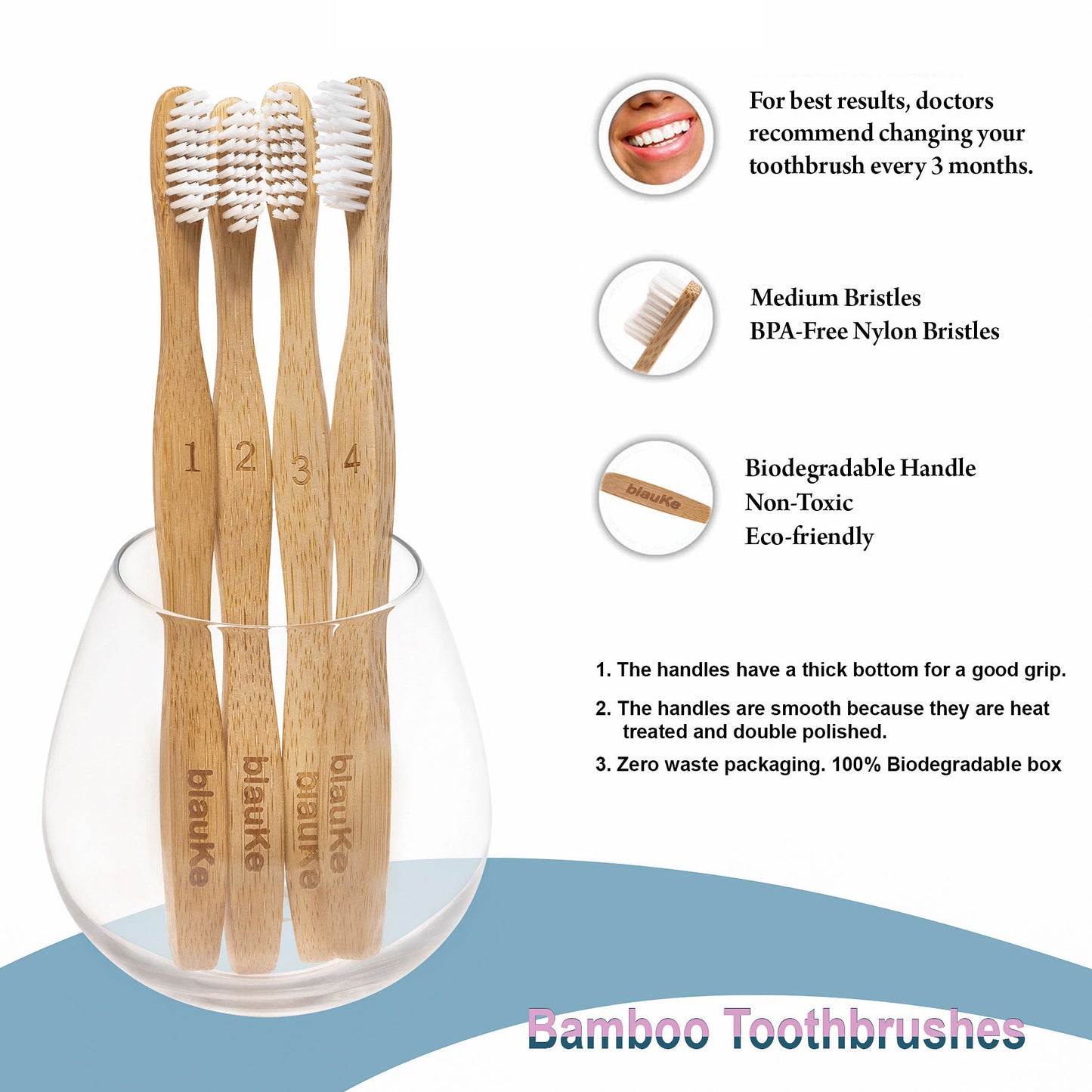 Bamboo Toothbrush Set 4-Pack - Bamboo Toothbrushes with Medium