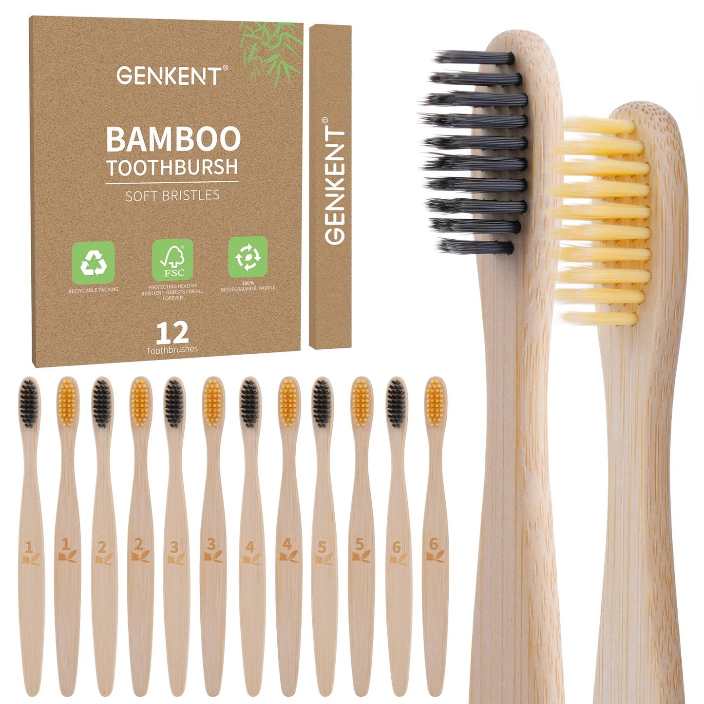 12 Pcs Individually Wrapped Bamboo Toothbrushes BPA Free Wooden