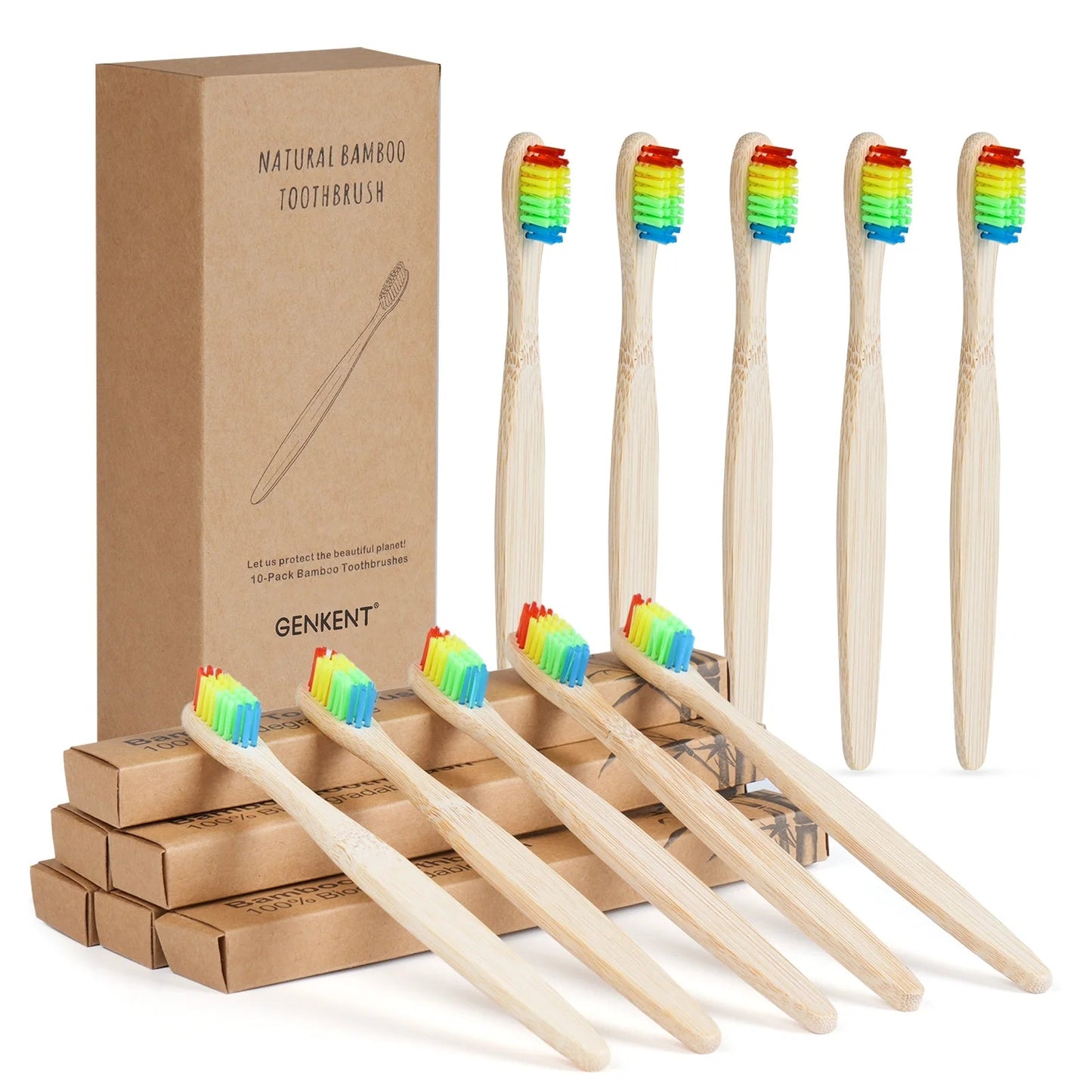 10 Pcs Natural Bamboo Toothbrush for Adult, 100% Biodegradable Soft